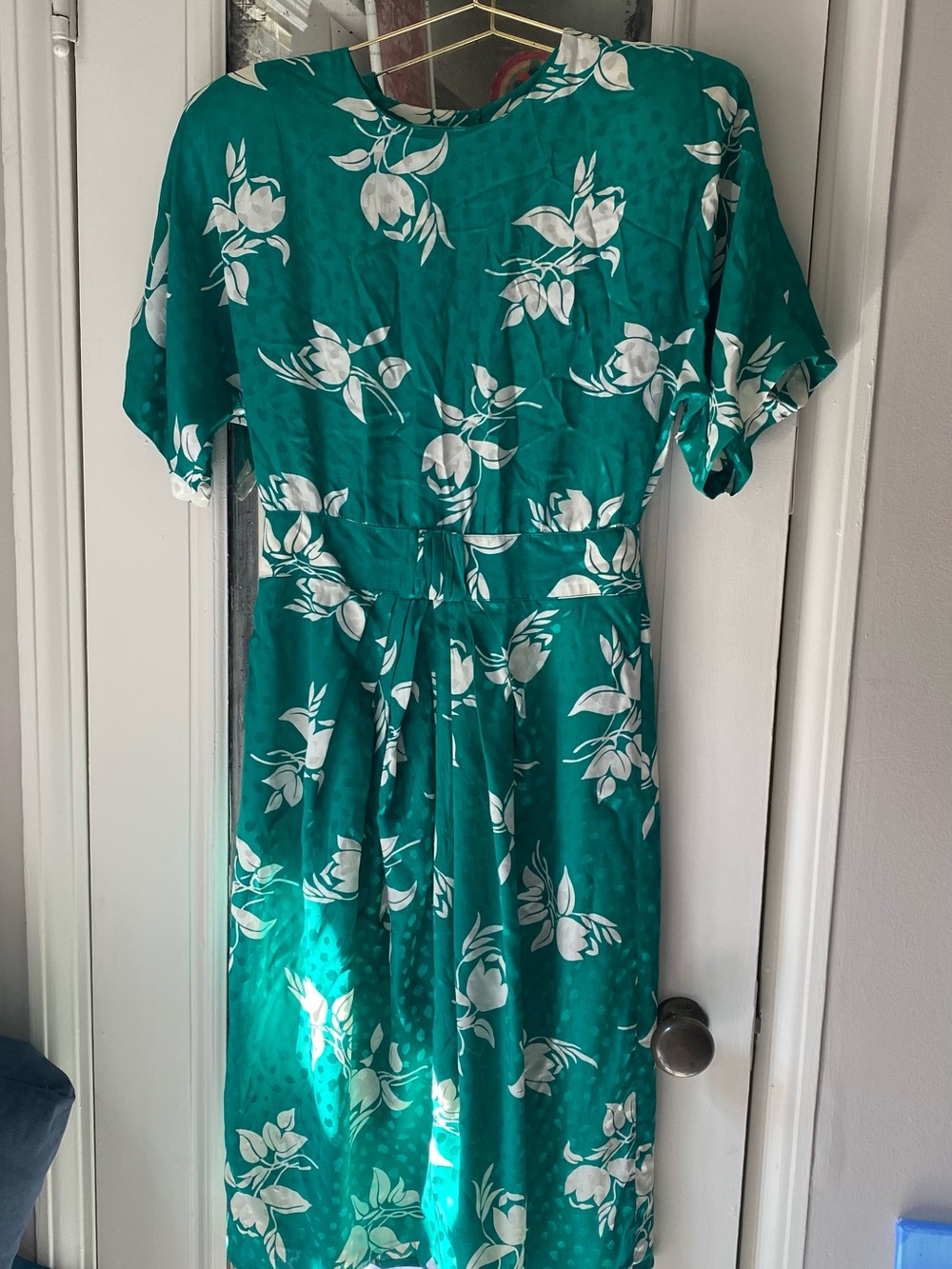 Vintage Silk Maggy London Teal Green Midi Dress with White Floral Print